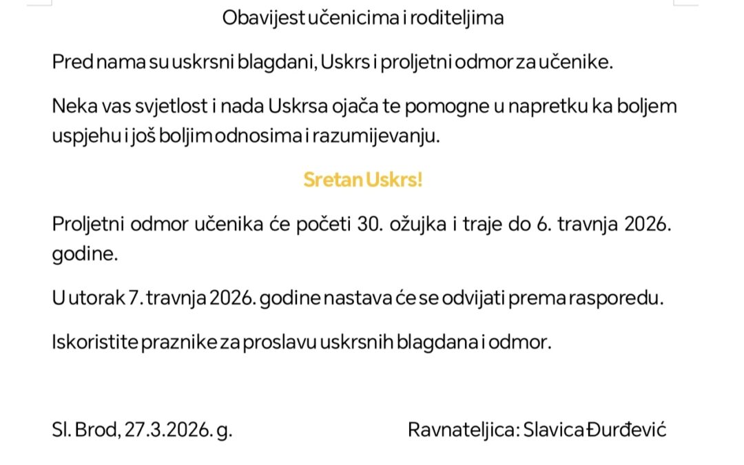 OBAVIJEST UČENICIMA I RODITELJIMA